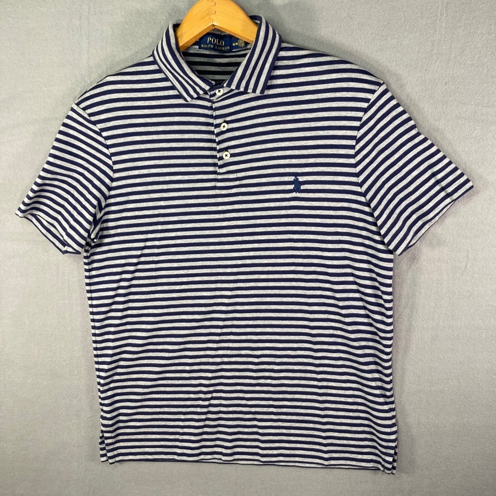 Polo Ralph Lauren Mens Polo Shirt Medium Blue Gray Striped Cotton Classic Casual